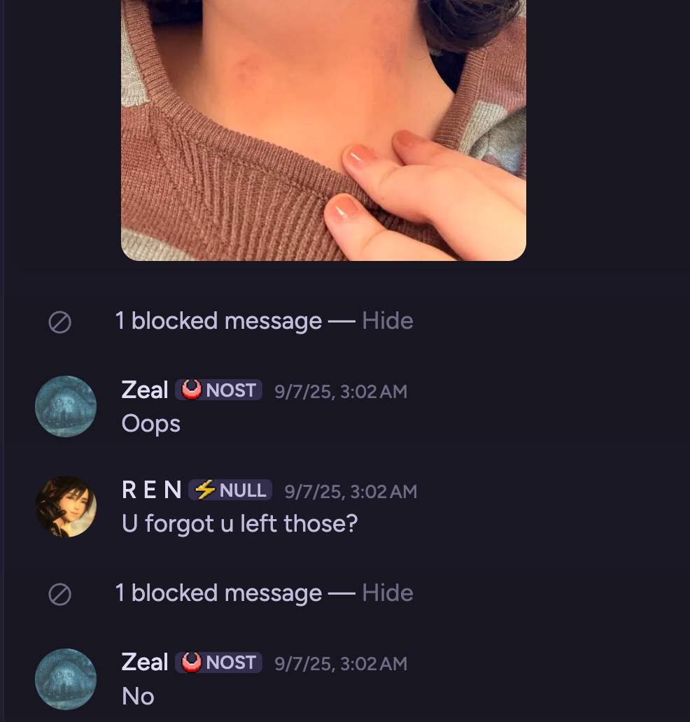 Фото следов на шее, отправленное Zeal - ответ Oops