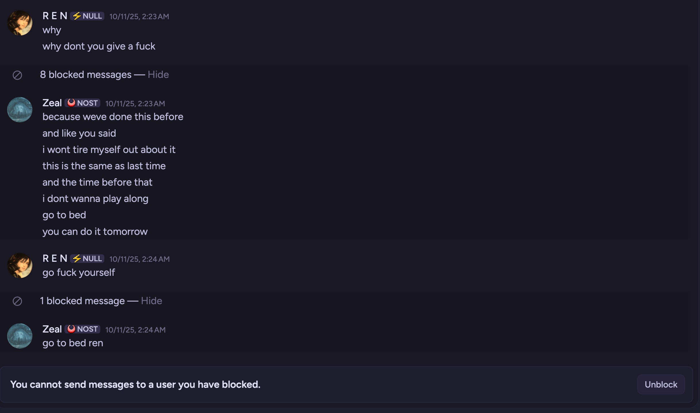 Zeal's last words: go to bed ren - then blocked